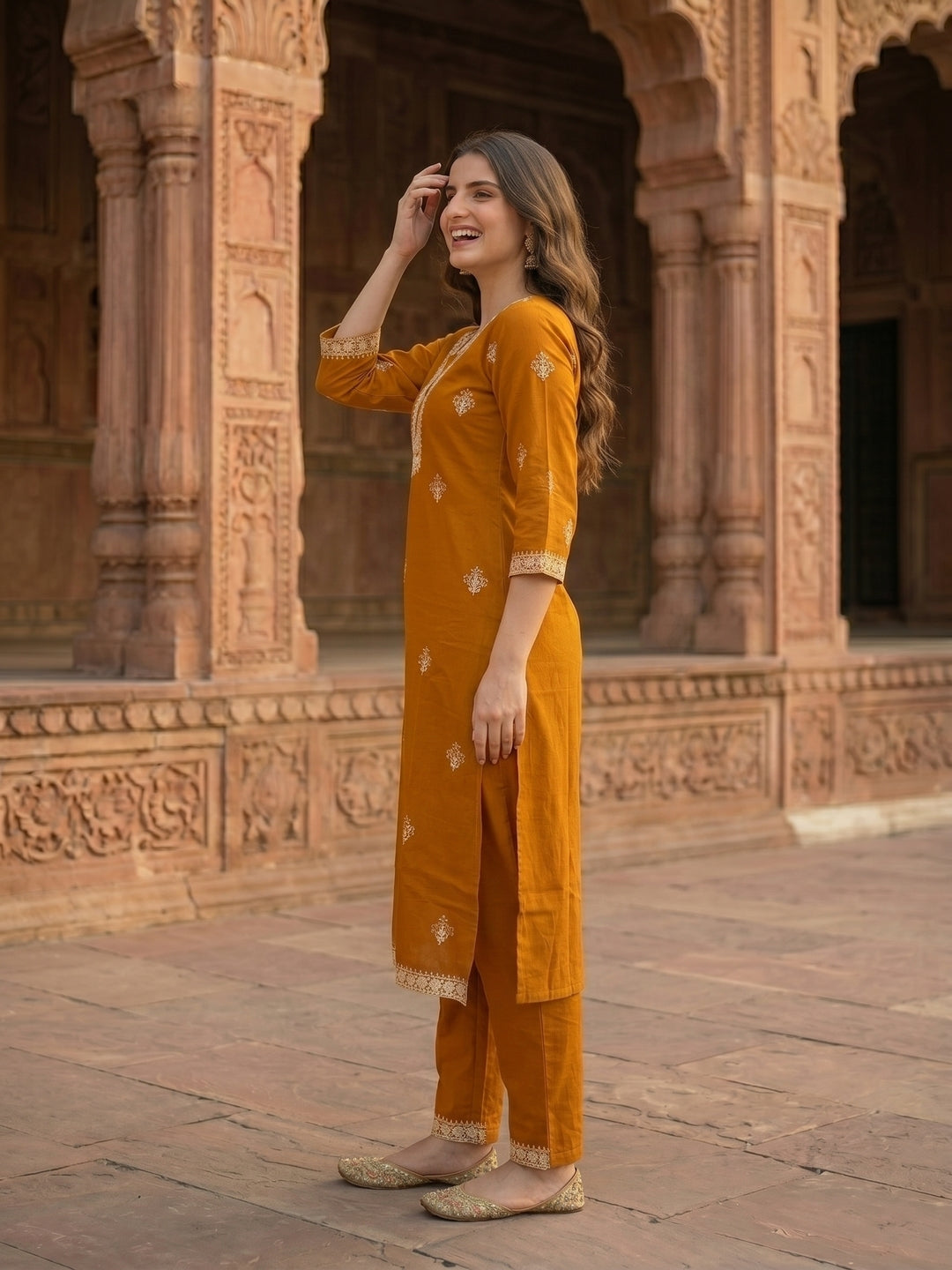 Solid Dori Mirror Embroidered Straight Kurta with Palazzo - Mustard