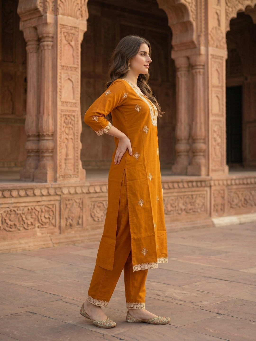 Solid Dori Mirror Embroidered Straight Kurta with Palazzo - Mustard