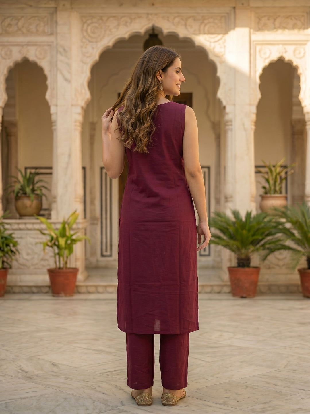 Solid Tribal Embroidered Straight Kurta with Pyjama & Dupatta - Burgundy