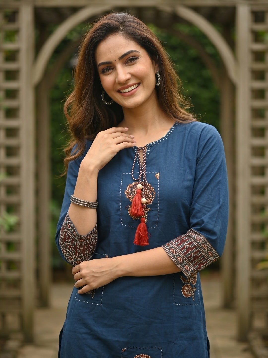 Solid Kantha Print Patch Kurta with Pyjama & Dupatta - Blue
