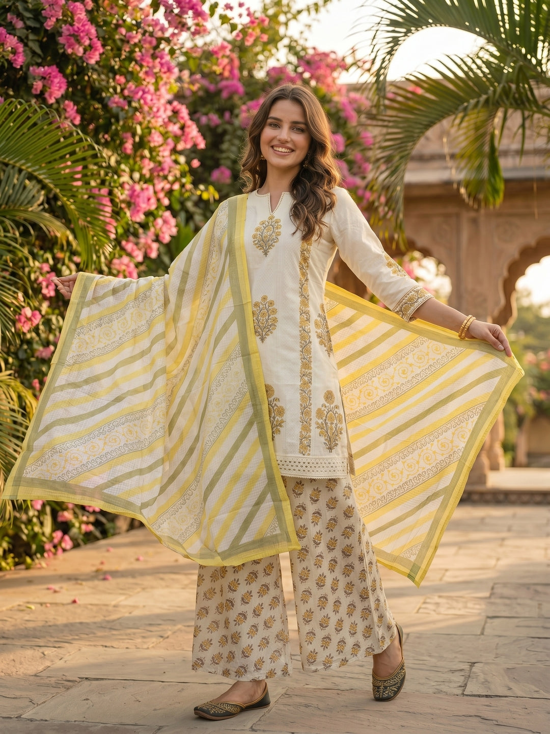 Ethnic Printed Schiffli Kurti with Sharara and Dupatta- Cream