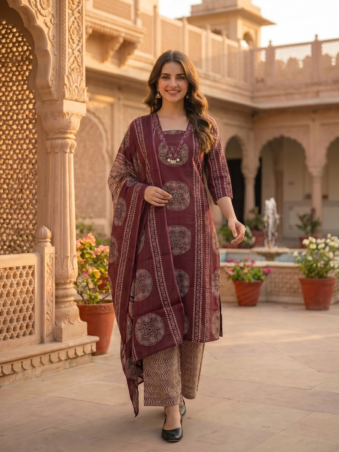 Ethnic Print Straight Kurta with Pyjama & Dupatta - Burgundy