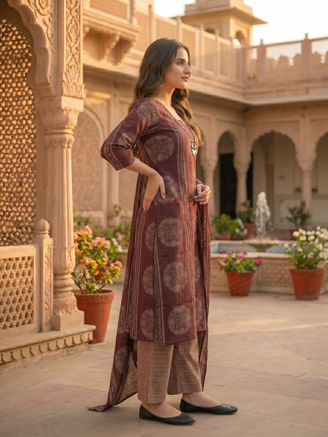Ethnic Print Straight Kurta with Pyjama & Dupatta - Burgundy