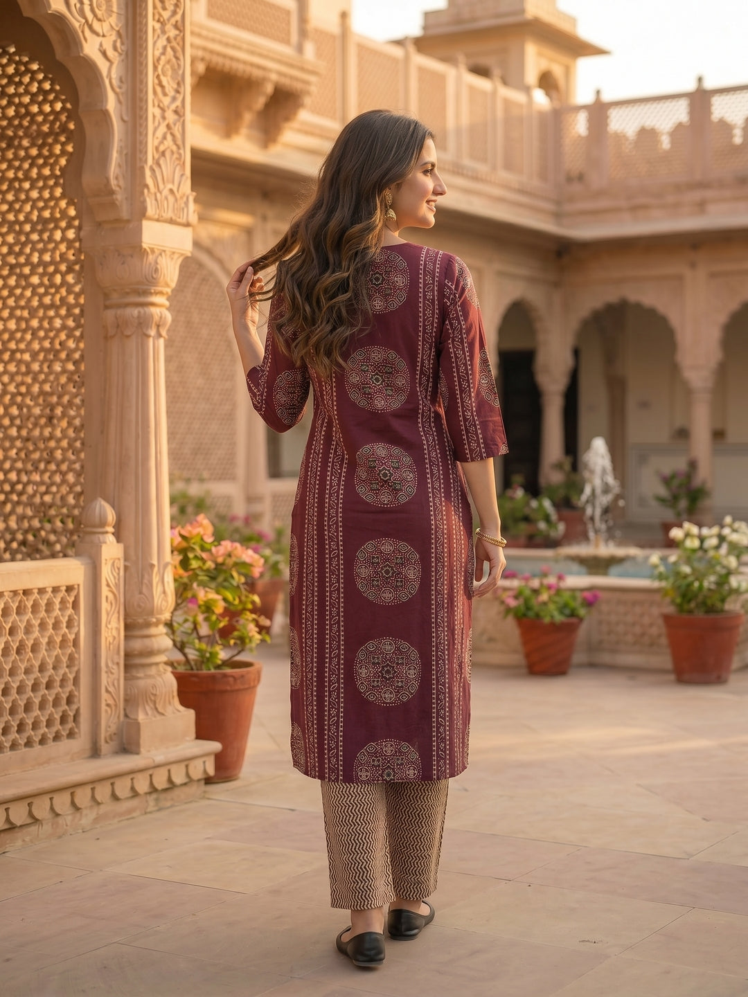 Ethnic Print Straight Kurta with Pyjama & Dupatta - Burgundy