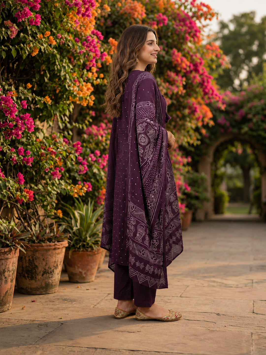 Bandhani Print Mirror Embroidered Straight Kurta with Pyjama & Dupatta - Purple