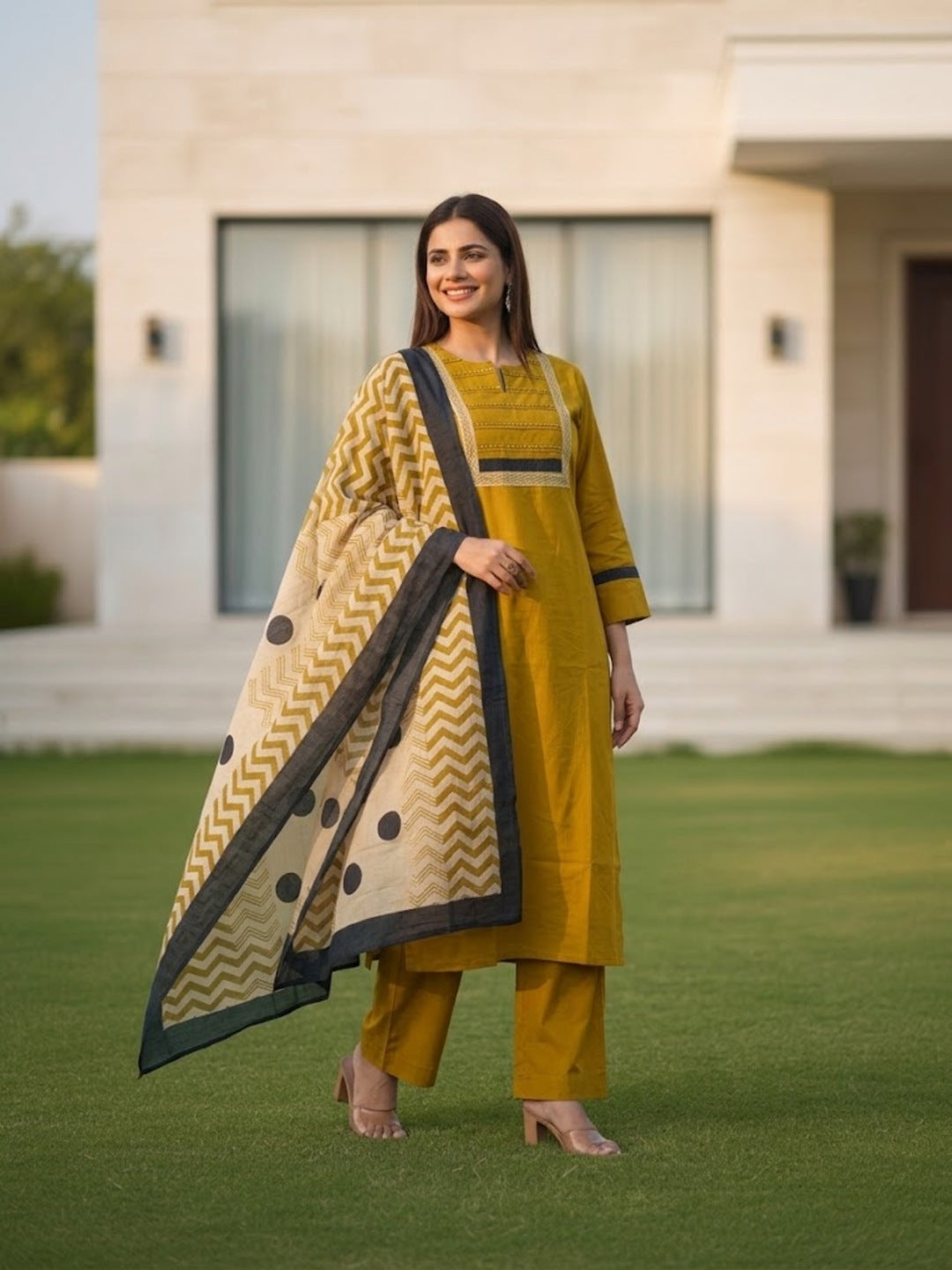 Solid Pin-Tuck Kantha Sequin Straight Kurta with Palazzo & Dupatta - Mustard