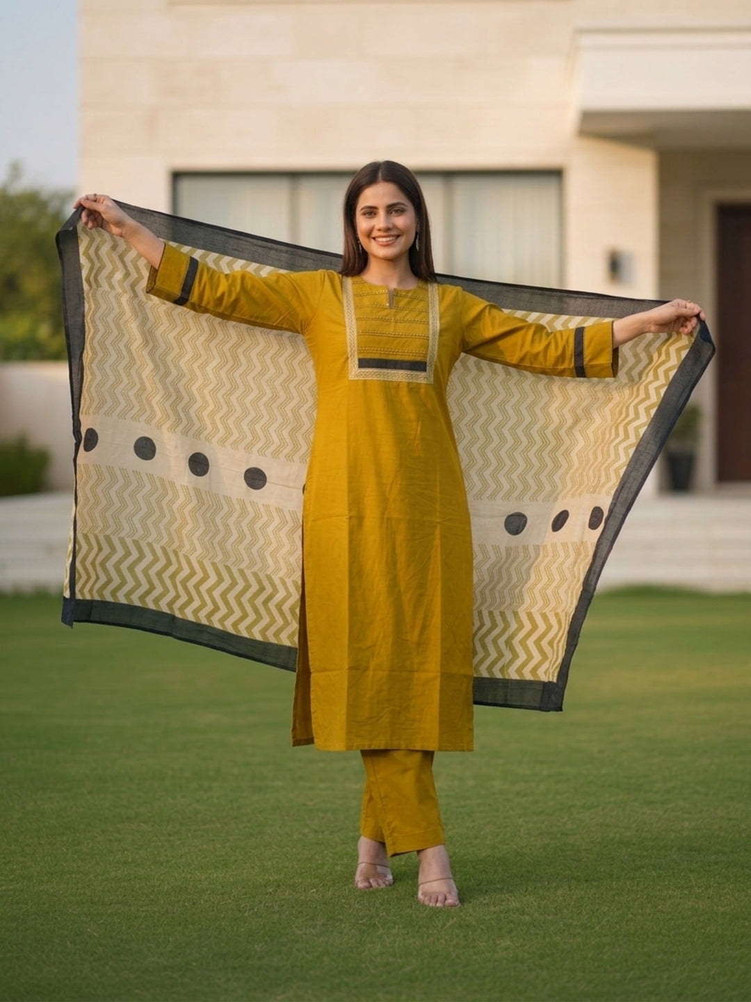 Solid Pin-Tuck Kantha Sequin Straight Kurta with Palazzo & Dupatta - Mustard