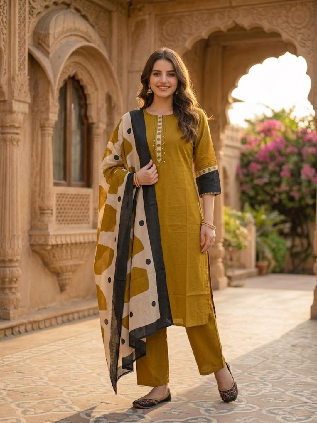 Solid Straight Kurta with Pyjamas and Dupatta- Mustard