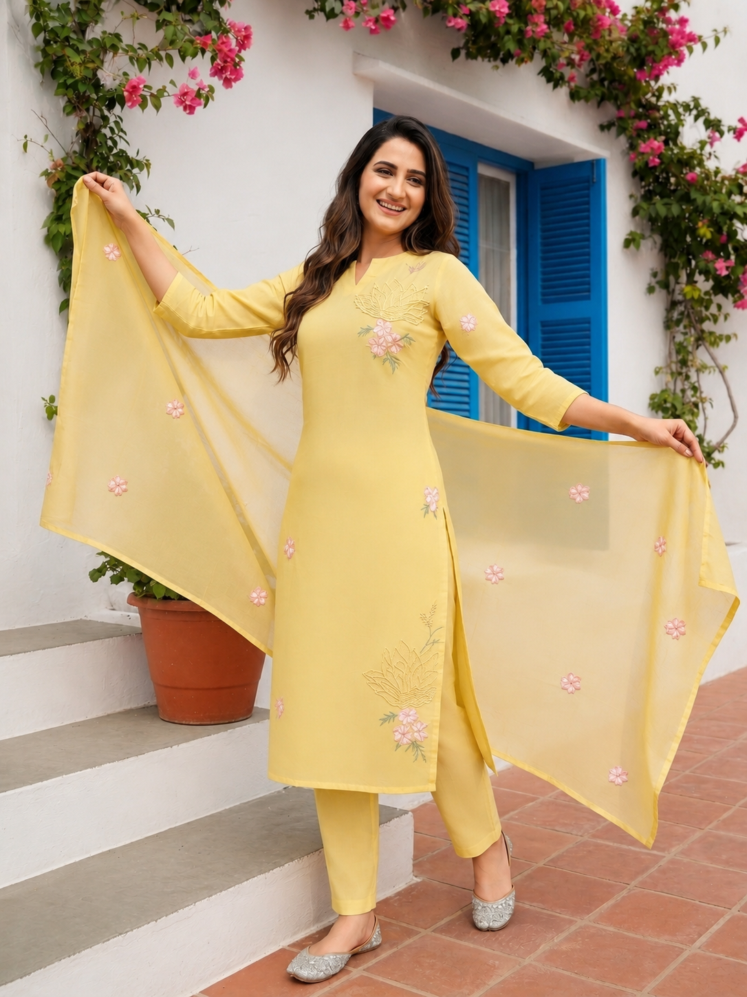 Solid Floral Embroidered Straight Kurta with Pyjama & Dupatta - Yellow