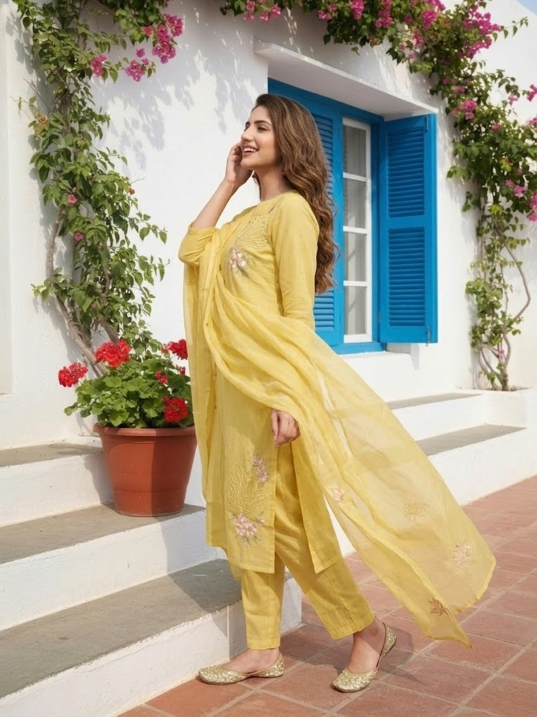 Solid Floral Embroidered Straight Kurta with Pyjama & Dupatta - Yellow