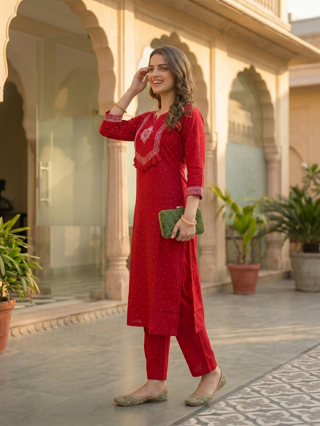 Bandhani Print Mirror Embroidered Straight Kurta with Pyjama & Dupatta - Red
