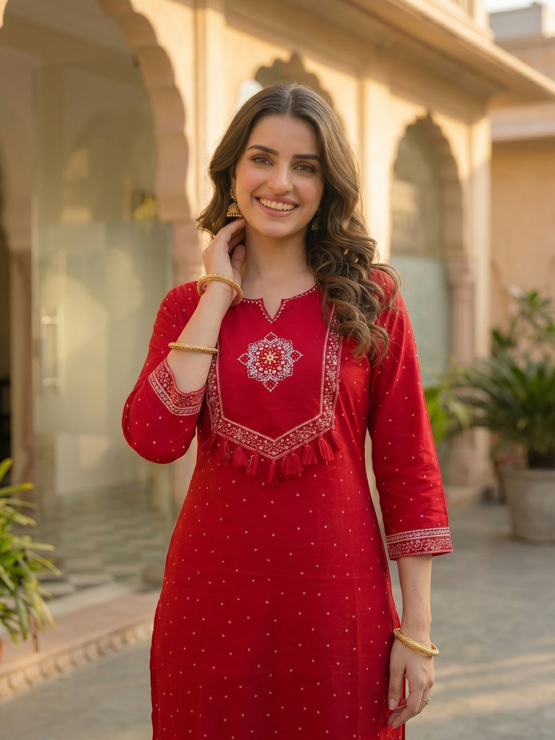 Bandhani Print Mirror Embroidered Straight Kurta with Pyjama & Dupatta - Red