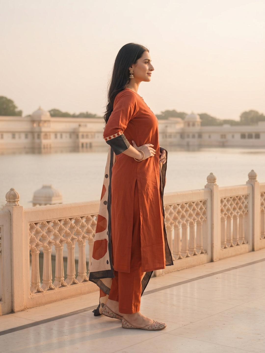 Solid Kantha Sequin Straight Kurta with Pyjama & Dupatta - Maroon