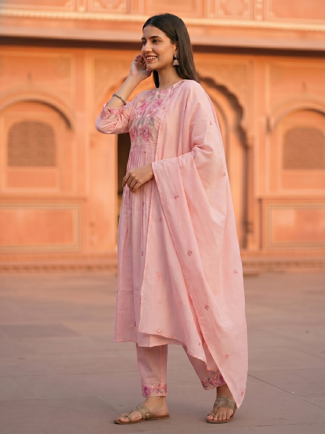 Solid Floral Embroidered A-Line Three-Panel Kurta with Pyjama & Dupatta - Pink