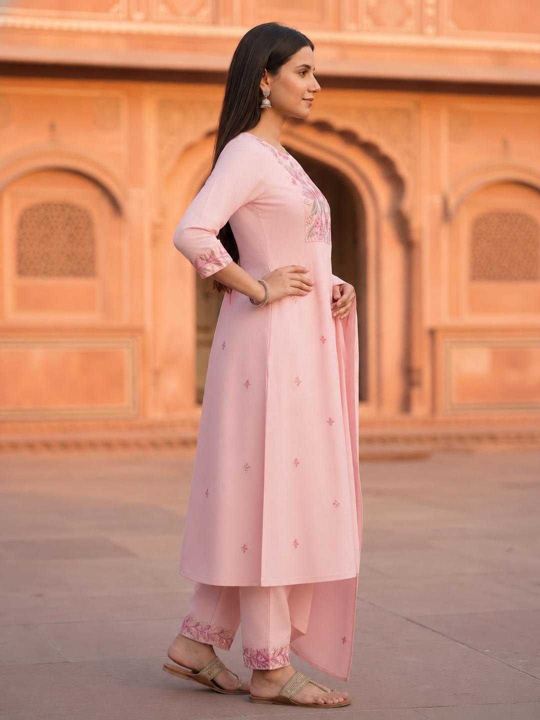 Solid Floral Embroidered A-Line Three-Panel Kurta with Pyjama & Dupatta - Pink