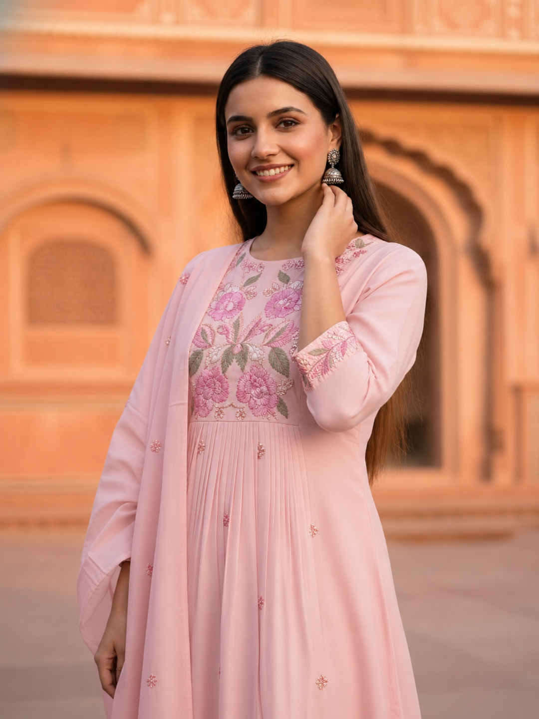 Solid Floral Embroidered A-Line Three-Panel Kurta with Pyjama & Dupatta - Pink