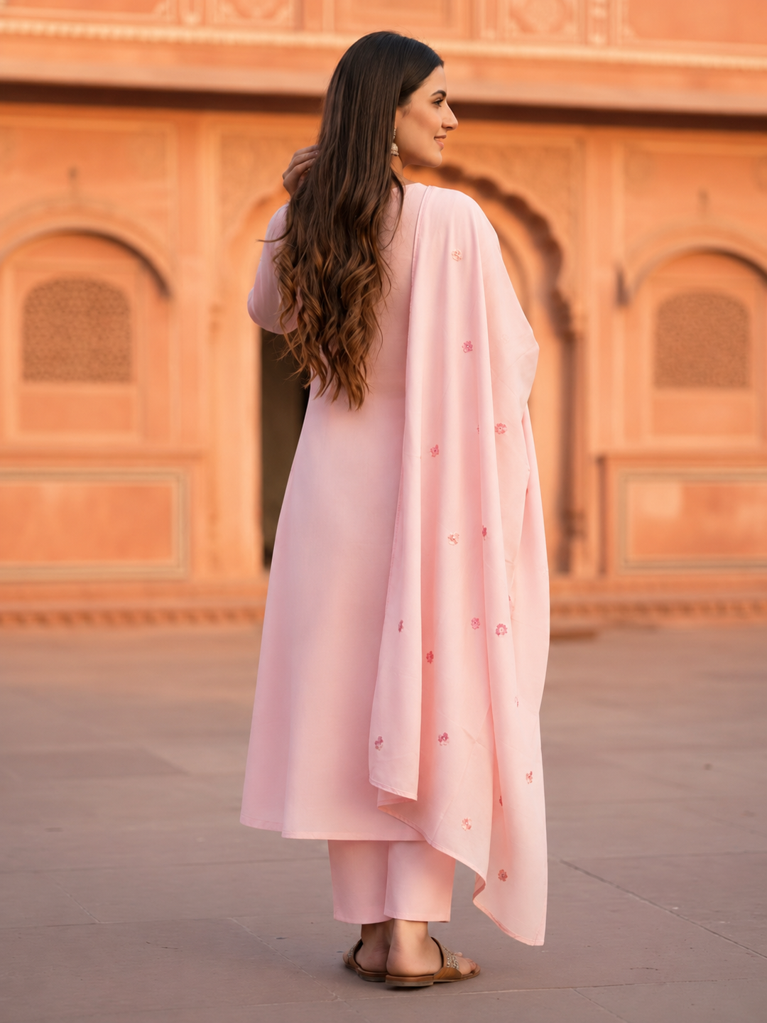 Solid Floral Embroidered A-Line Three-Panel Kurta with Pyjama & Dupatta - Pink