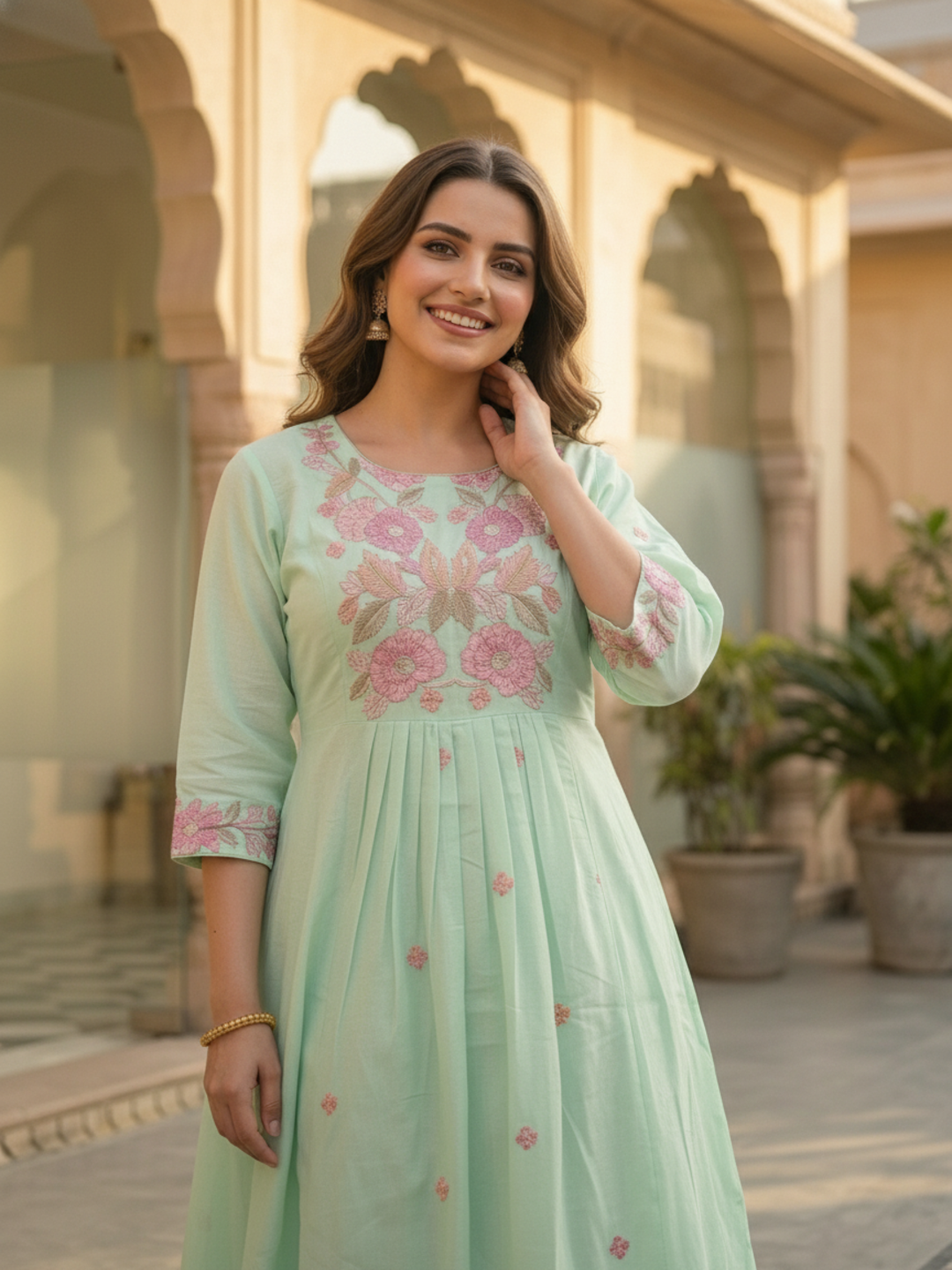 Solid Floral Embroidered A-Line Three-Panel Kurta with Pyjama & Dupatta - Sea Green