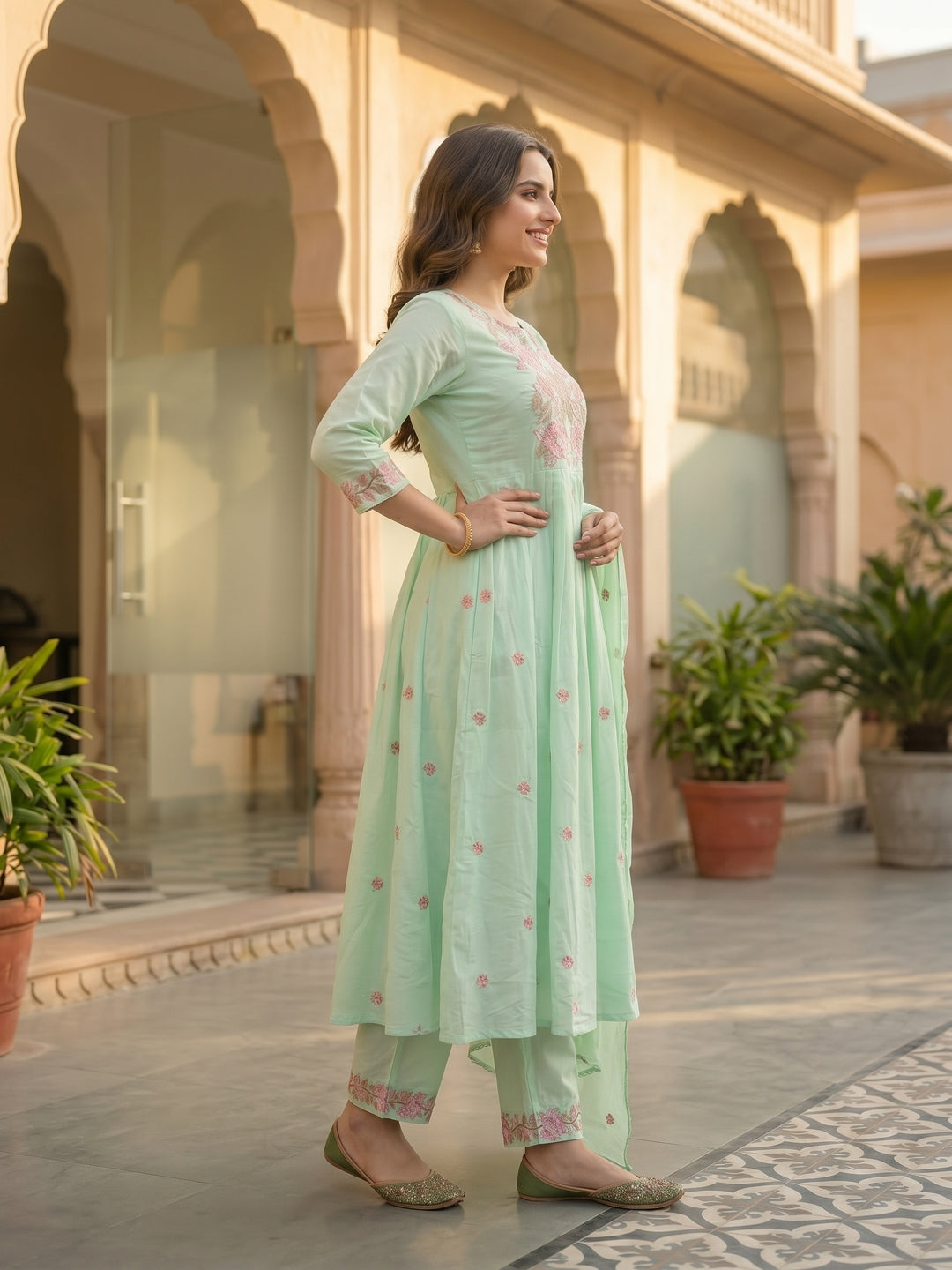 Solid Floral Embroidered A-Line Three-Panel Kurta with Pyjama & Dupatta - Sea Green