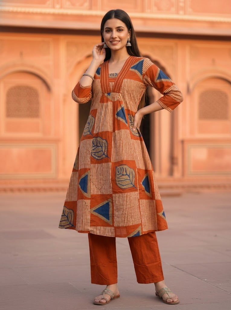 Abstract Printed A-line Kurta with Pyjamas- Rust
