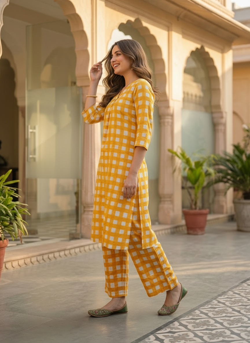 Abstract Printed Straight Kurta with Palazzo- Yellow