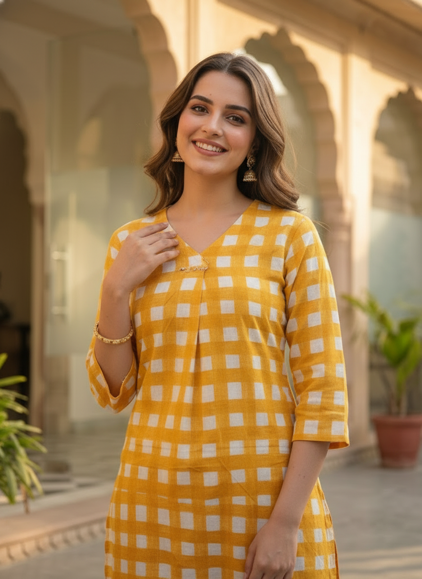 Abstract Printed Straight Kurta with Palazzo- Yellow