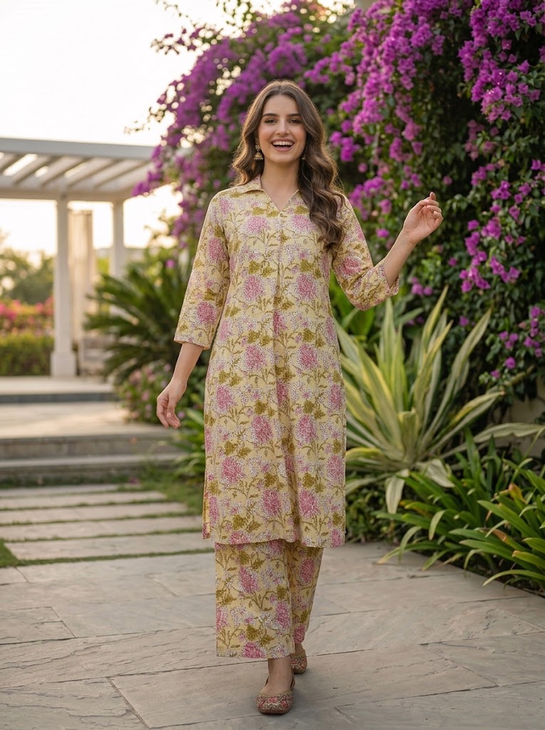 Kalamkari Printed Straight Kurta with Pyjamas- Yellow