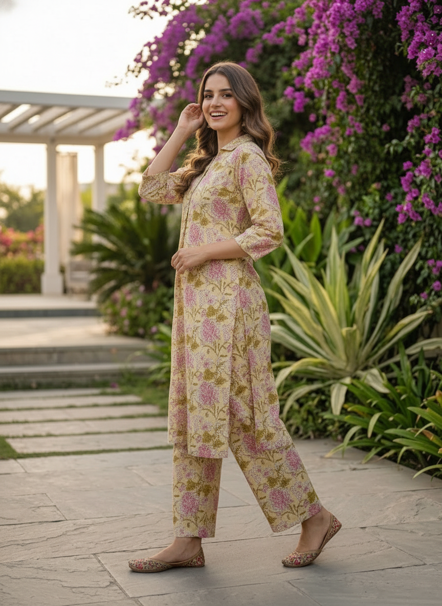 Kalamkari Printed Straight Kurta with Pyjamas- Yellow