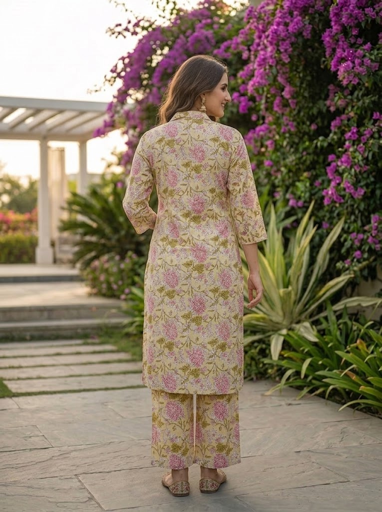 Kalamkari Printed Straight Kurta with Pyjamas- Yellow