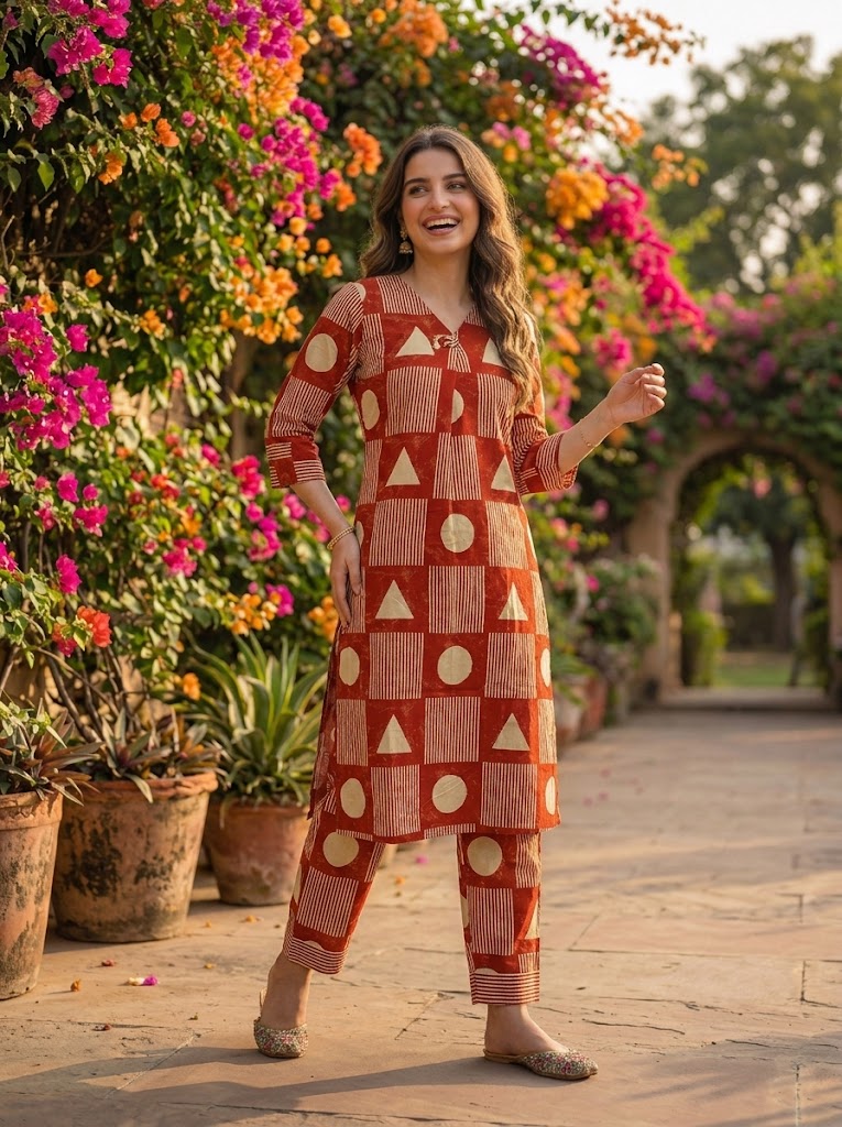 Abstract Printed Straight Kurta with Pant- Rust