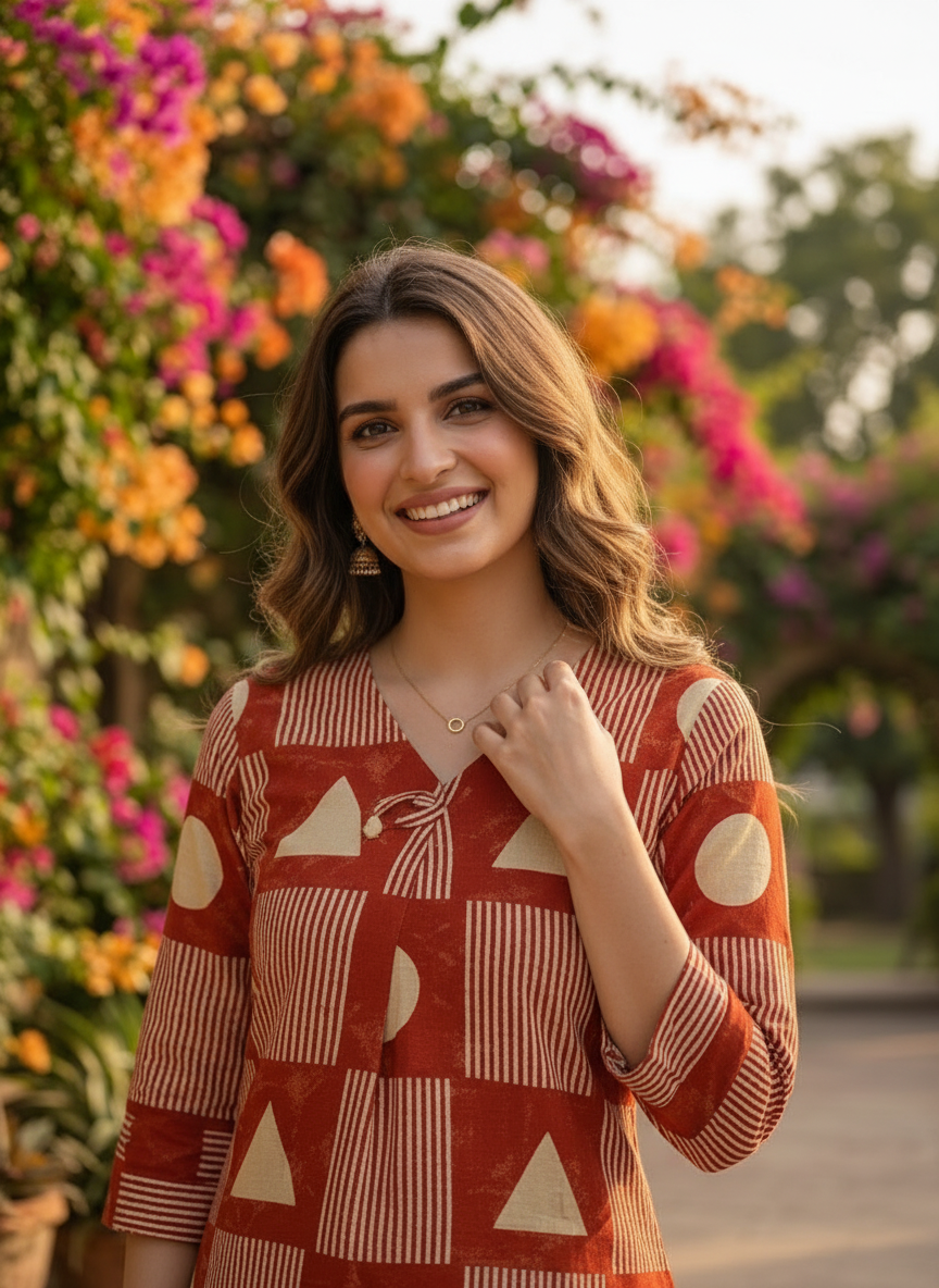 Abstract Printed Straight Kurta with Pant- Rust