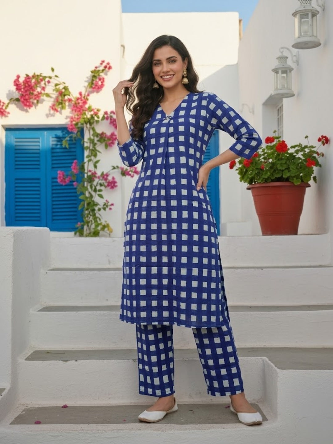 Abstract Printed Straight Kurta with Palazzo- Blue