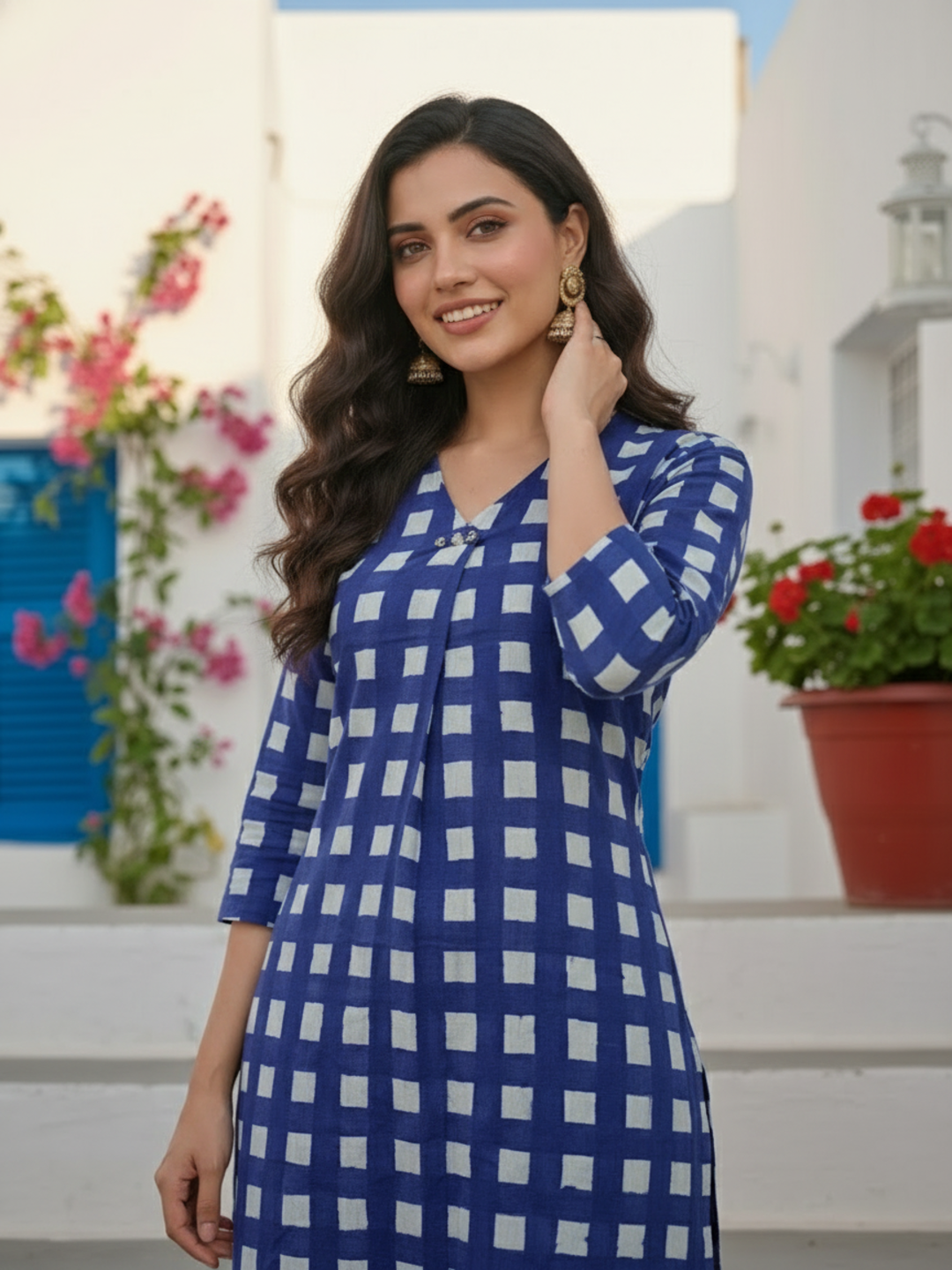 Abstract Printed Straight Kurta with Palazzo- Blue
