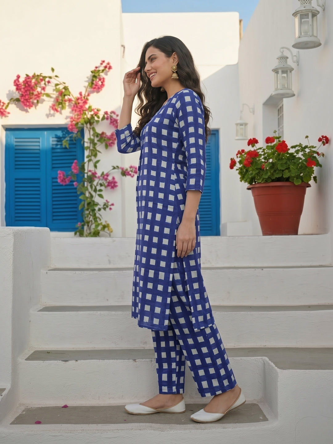 Abstract Printed Straight Kurta with Palazzo- Blue