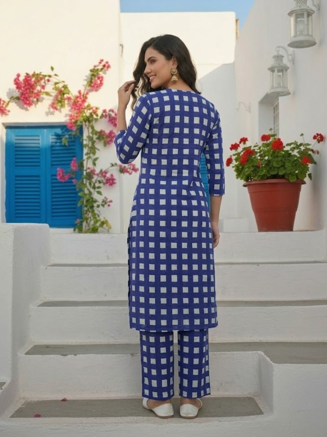 Abstract Printed Straight Kurta with Palazzo- Blue