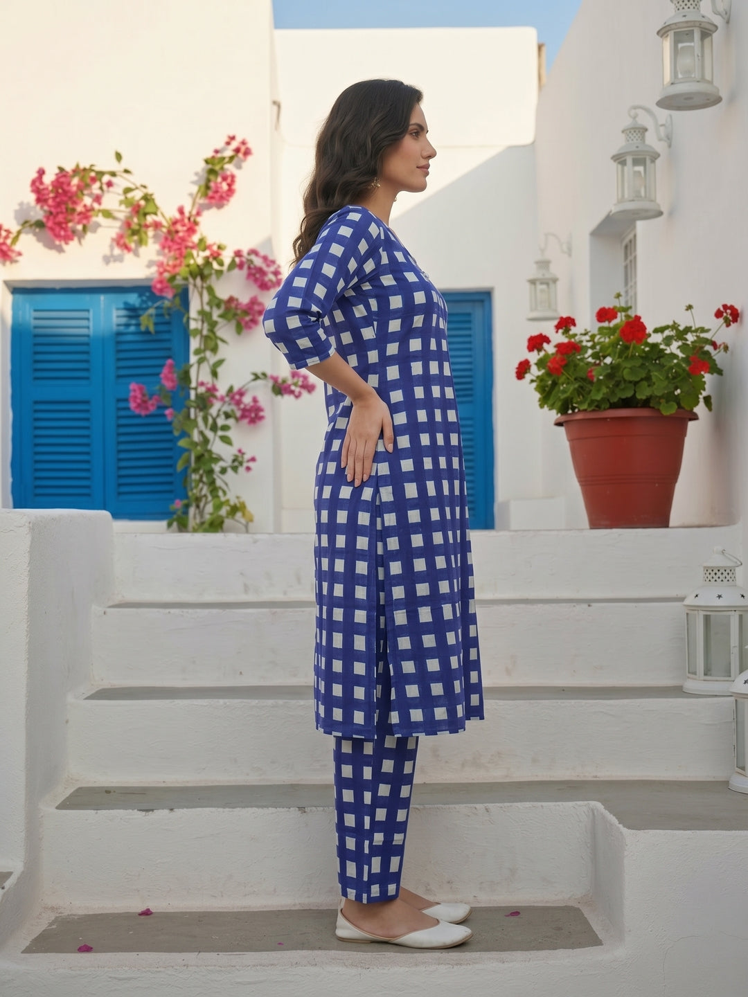 Abstract Printed Straight Kurta with Palazzo- Blue