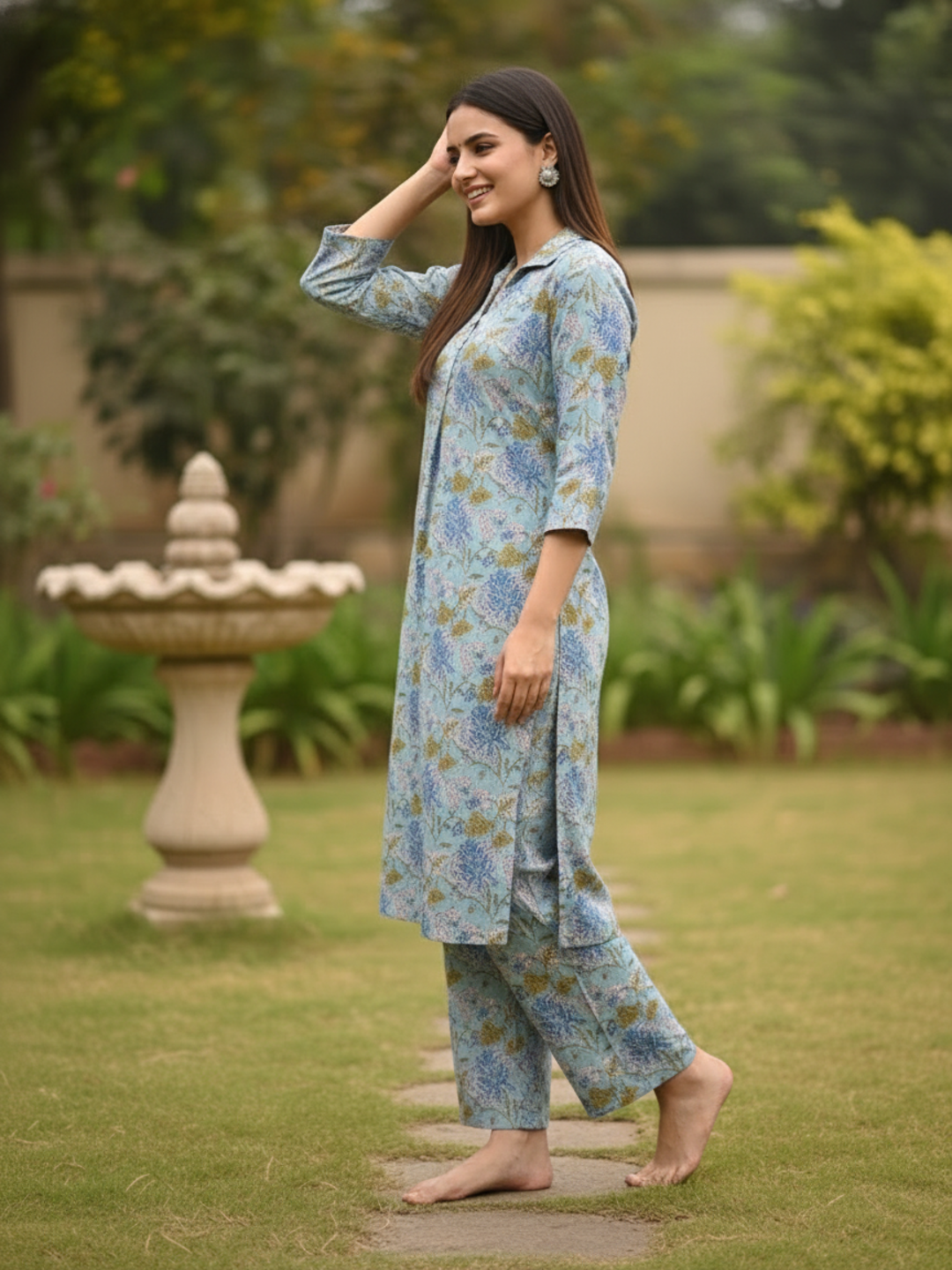Kalamkari Printed Straight Kurta with Pyjamas- Blue