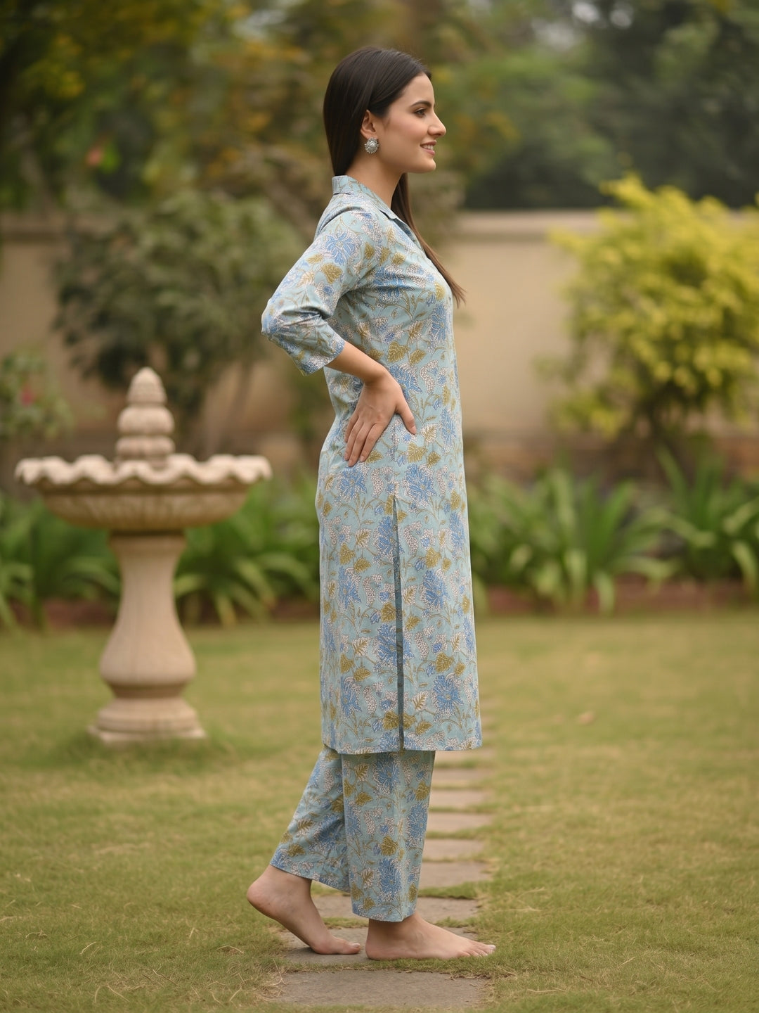 Kalamkari Printed Straight Kurta with Pyjamas- Blue