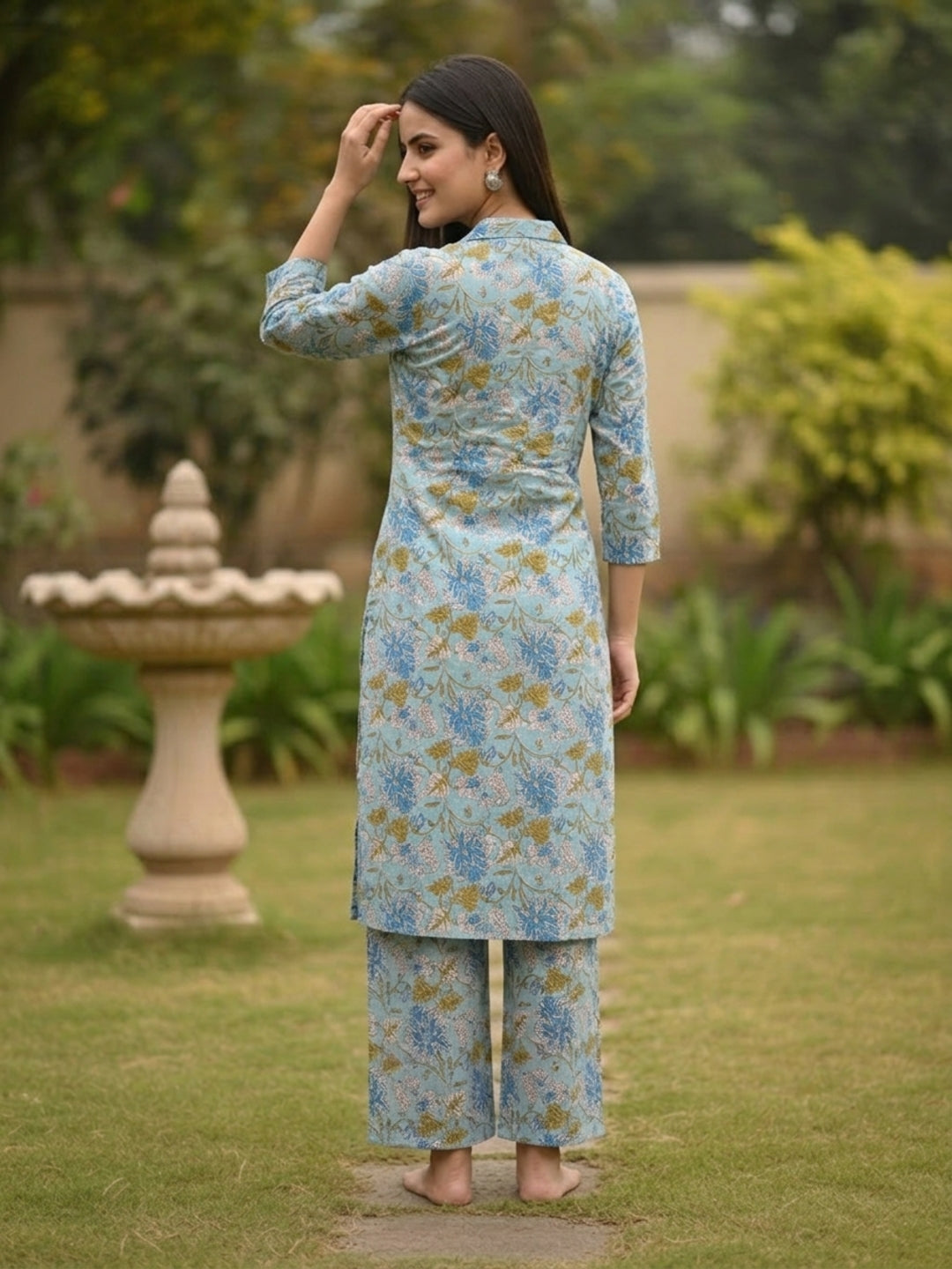 Kalamkari Printed Straight Kurta with Pyjamas- Blue