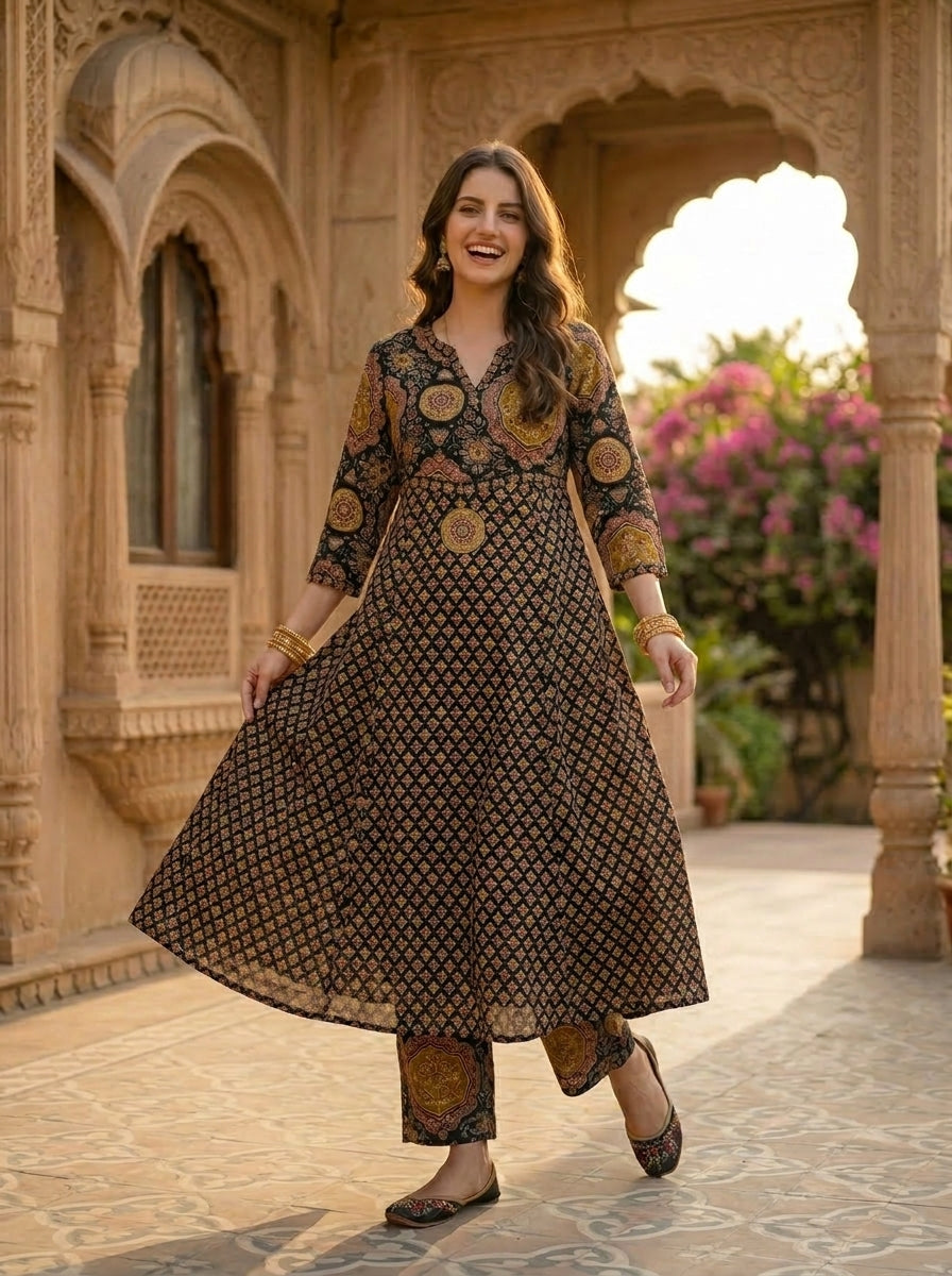 Printed A-line Kurta with Pyjamas and Dupatta- Multi