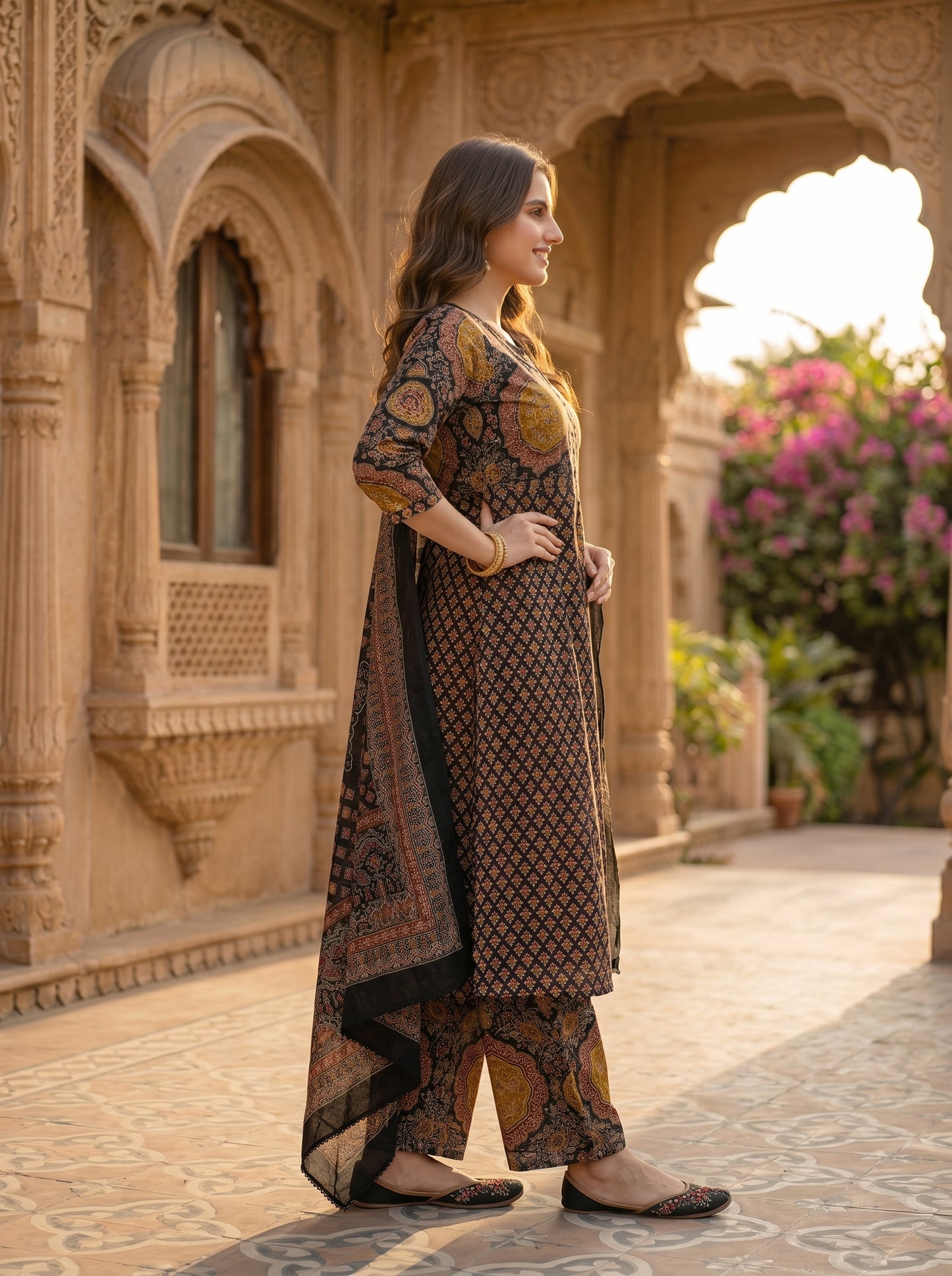 Printed A-line Kurta with Pyjamas and Dupatta- Multi