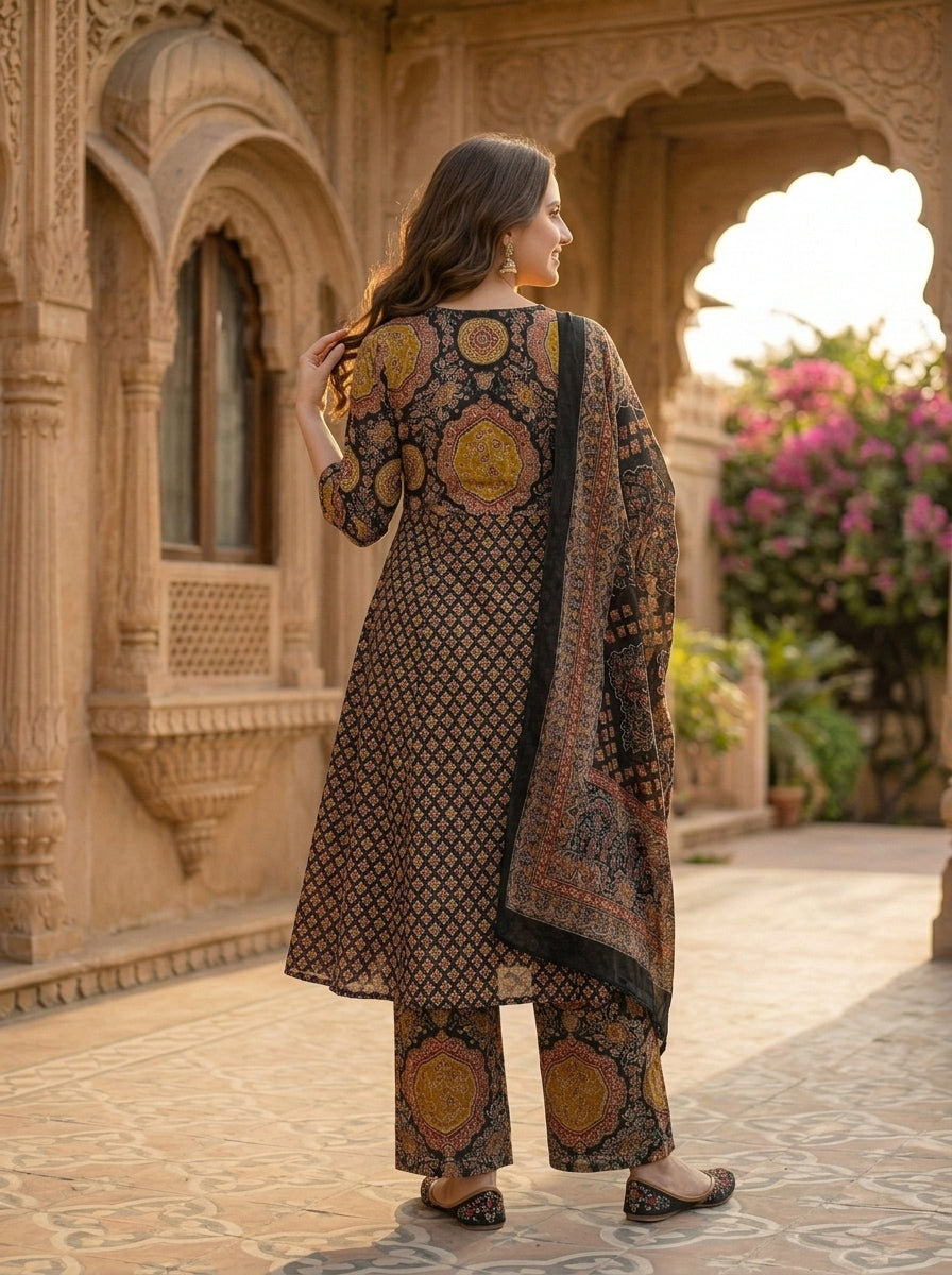 Printed A-line Kurta with Pyjamas and Dupatta- Multi