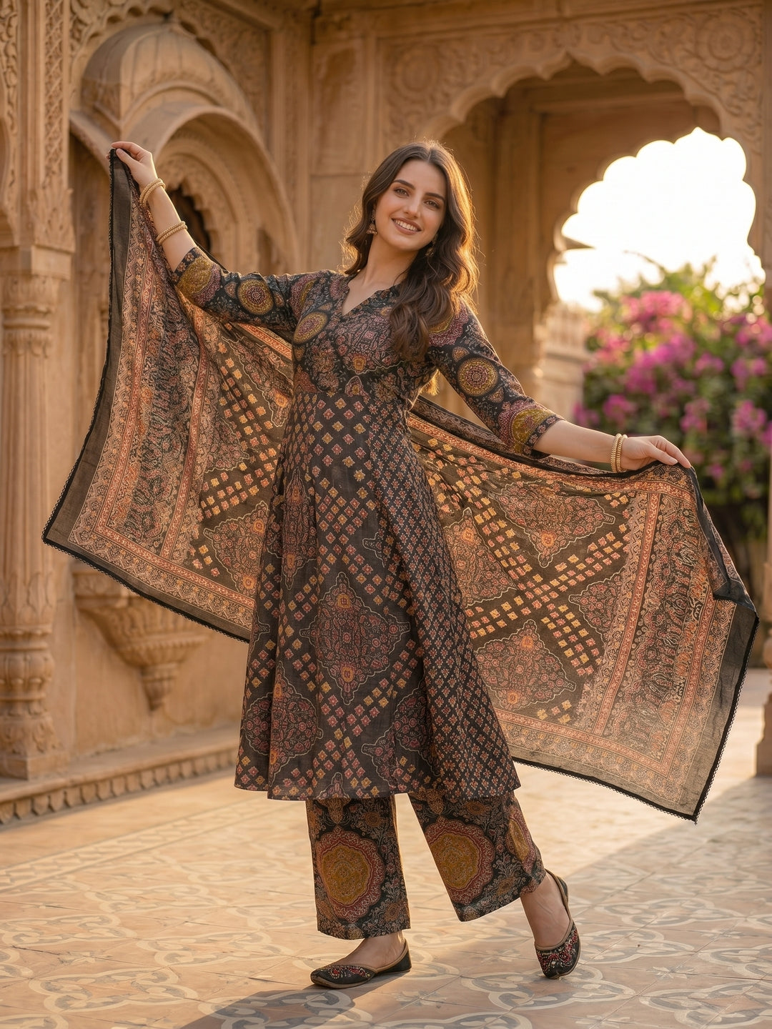 Printed A-line Kurta with Pyjamas and Dupatta- Multi