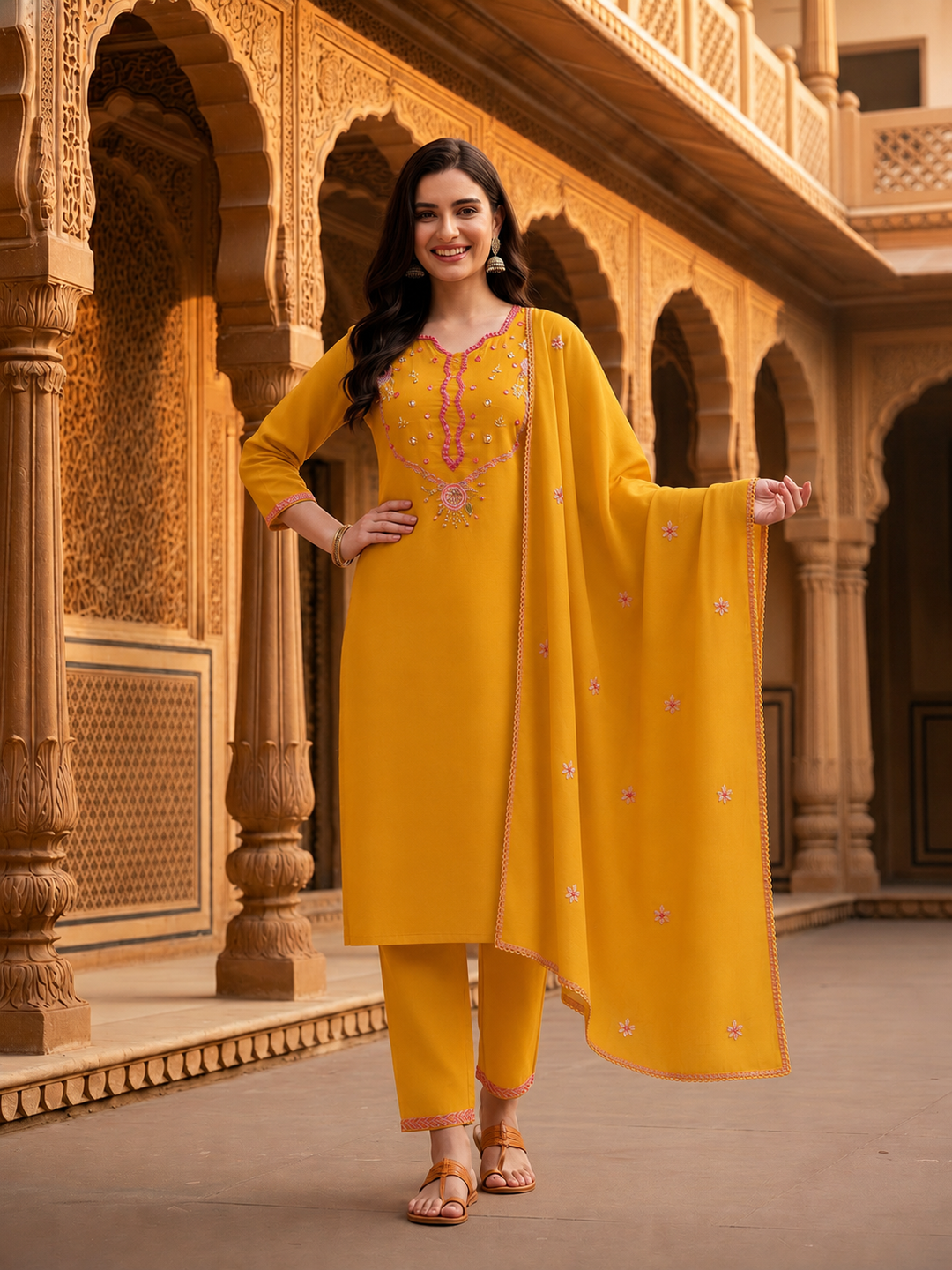 Solid Embroidered Mirror Work Straight Kurta with Pyjamas and Dupatta- Mustard