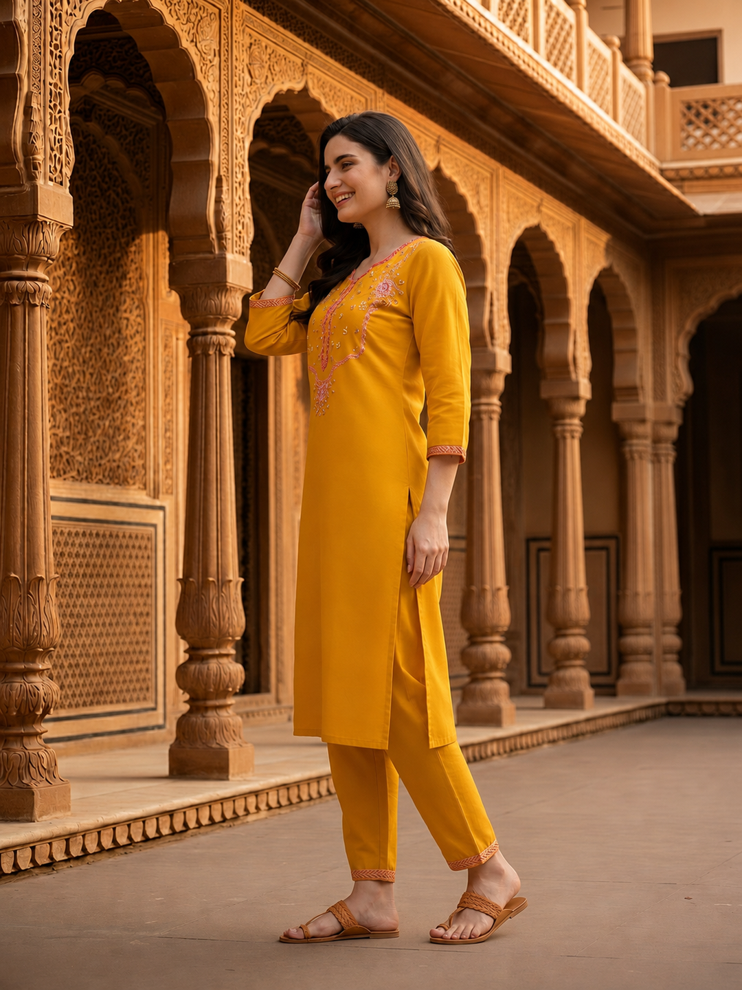 Solid Embroidered Mirror Work Straight Kurta with Pyjamas and Dupatta- Mustard