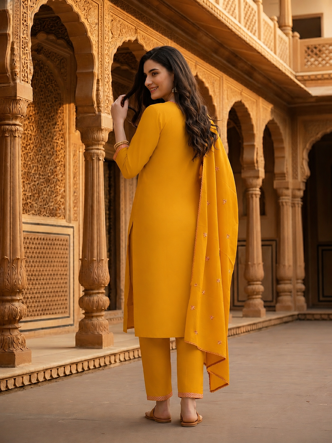 Solid Embroidered Mirror Work Straight Kurta with Pyjamas and Dupatta- Mustard