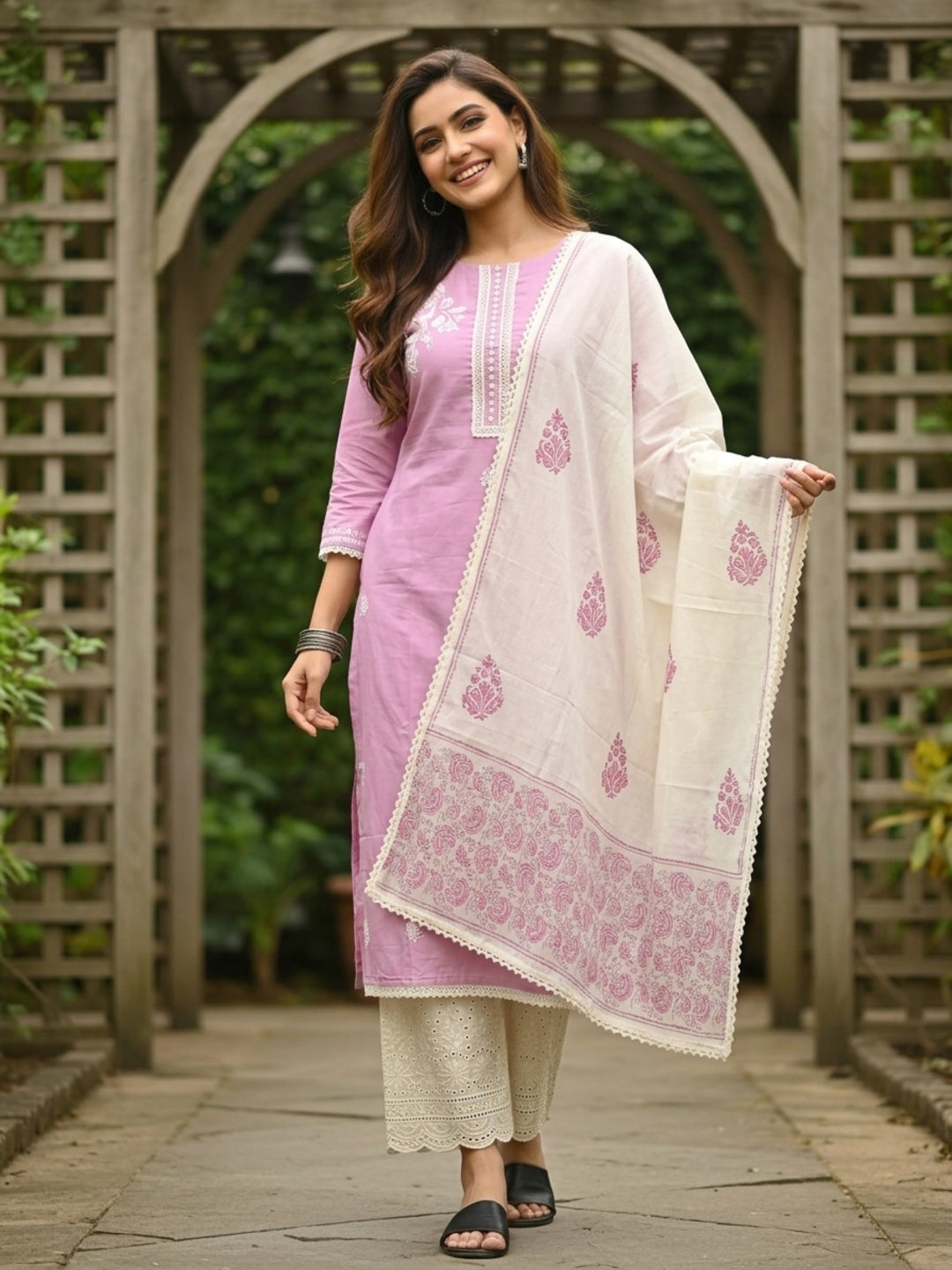 Solid Straight Kurta with Schiffli Palazzo and Dupatta- Pink