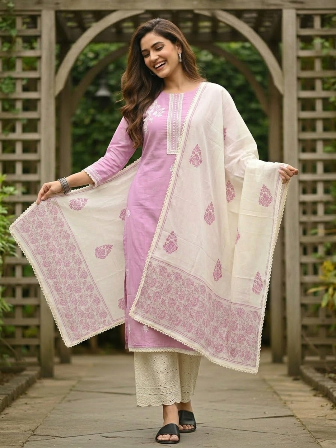 Solid Straight Kurta with Schiffli Palazzo and Dupatta- Pink