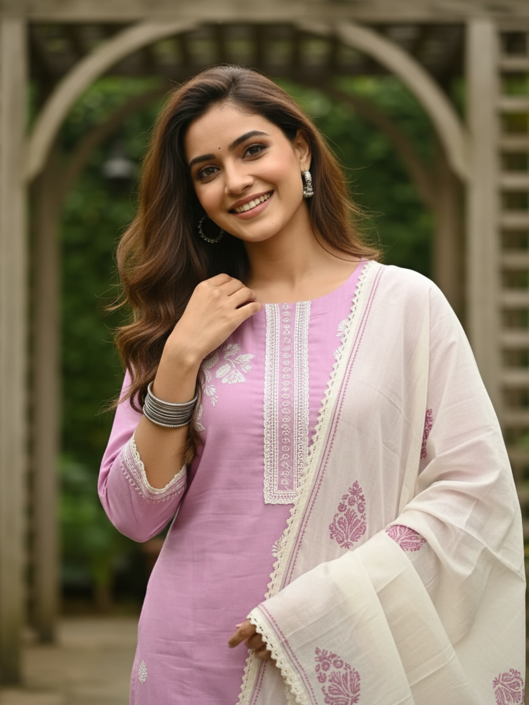 Solid Straight Kurta with Schiffli Palazzo and Dupatta- Pink