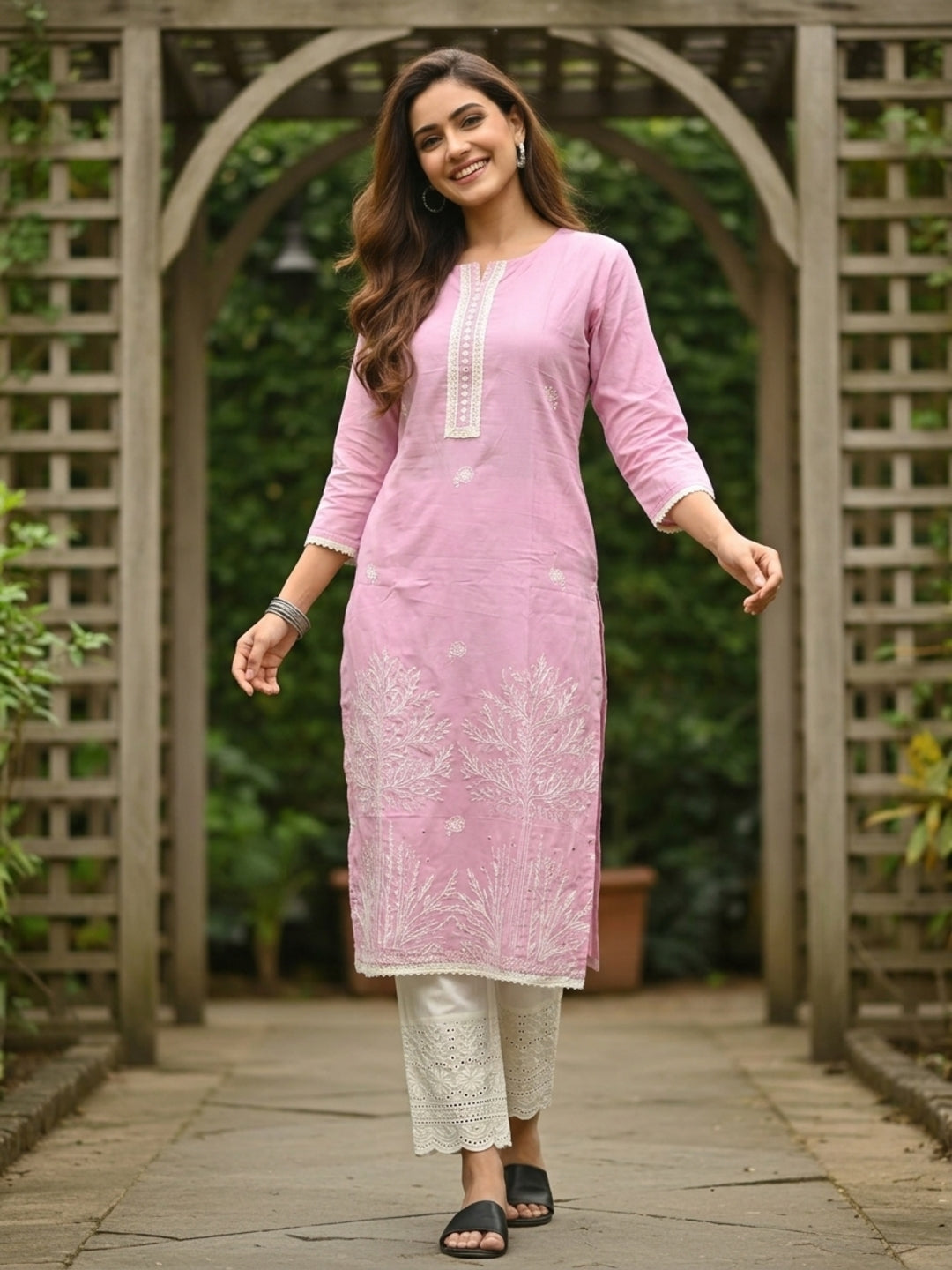 Solid Straight Kurta with Schiffli Palazzo and Dupatta- Pink